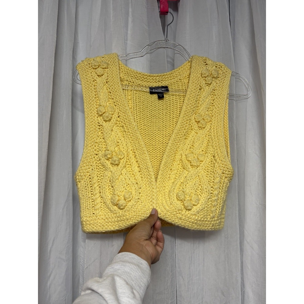 Bebe Knit Sweater Vest Women's M Yellow Chunky Cable Daisy Floral Wool Blend Y2K